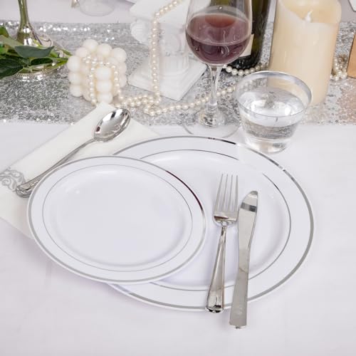 I00000 350Pcs Silver Plastic Dinnerware Set, Plastic Plates Disposable for 50 Guests Include: 100 Silver Rim Plates, 50 Paper Napkins, 50 Cups, 50 Plastic Silverware Set Perfect for Party & Wedding - Image 4