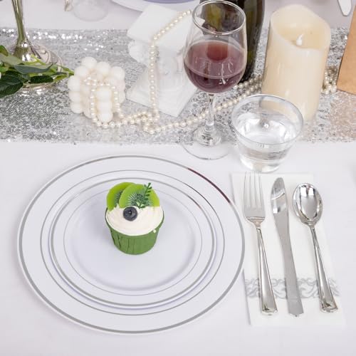 I00000 350Pcs Silver Plastic Dinnerware Set, Plastic Plates Disposable for 50 Guests Include: 100 Silver Rim Plates, 50 Paper Napkins, 50 Cups, 50 Plastic Silverware Set Perfect for Party & Wedding - Image 3