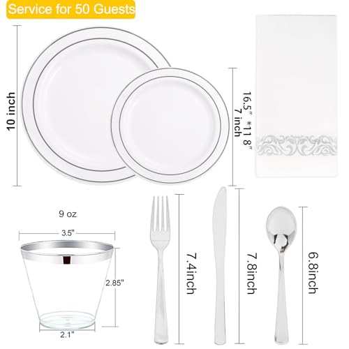I00000 350Pcs Silver Plastic Dinnerware Set, Plastic Plates Disposable for 50 Guests Include: 100 Silver Rim Plates, 50 Paper Napkins, 50 Cups, 50 Plastic Silverware Set Perfect for Party & Wedding - Image 2