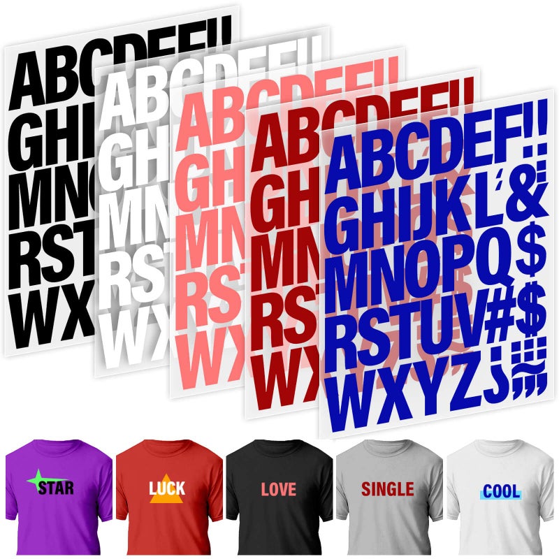 Mckanti 20 Sheets 880 Pieces Iron on Letters for Clothing 2 Inch 5 Colors Heat Transfer Vinyl Patches PU Alphabets Sticker TShirt Printing DIY Crafts Decorations Black White Pink Red Blue 