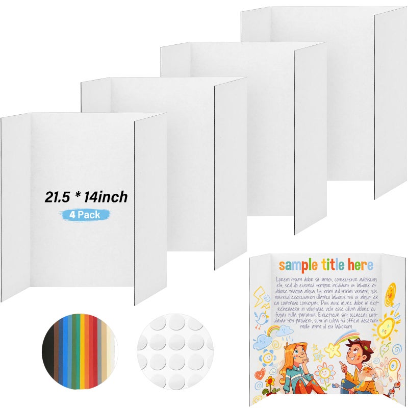 BXIHUR 4 Pcs Trifold Poster Board, 21.5x14 inches Small White Poster Board Comes with Sticky Accessories, Corrugated Presentation Boards, Display Board for School Projects, Business Presentations - Image 1