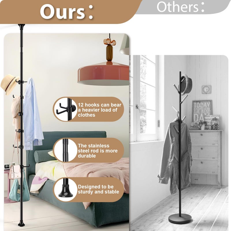 Sempicad Coat Rack Freestanding, 56 to 125 inch Adjustable Tension Rod Hanger with 12 Hooks for Hanging Coat, Plant,Jacket, Hat, Scarf, Suitable for Living Room, Balcony, Kitchen Black - Image 5