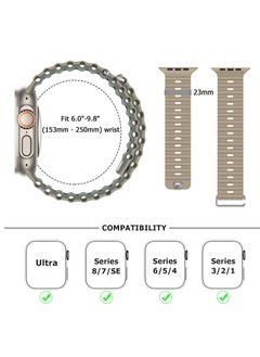Color Fans Soft Silicone Ocean Sports Strap Compatible Apple Watch Ultra 49mm 45mm 44mm 42mm for Men Women, Adjustible Watch Band for Apple Watch Ultra/SE/Series 9/8/7/6/5/4/3/2/1 - Khaki/Gray Green  - Image 3