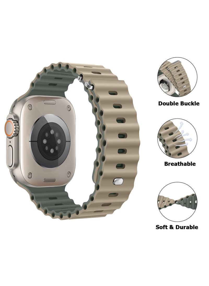 Color Fans - Soft Silicone Ocean Sports Strap Compatible Apple Watch Ultra 49mm 45mm 44mm 42mm for Men Women, Adjustible Watch Band for Apple Watch Ultra/SE/Series 9/8/7/6/5/4/3/2/1 - Khaki/Gray Green - Image 1