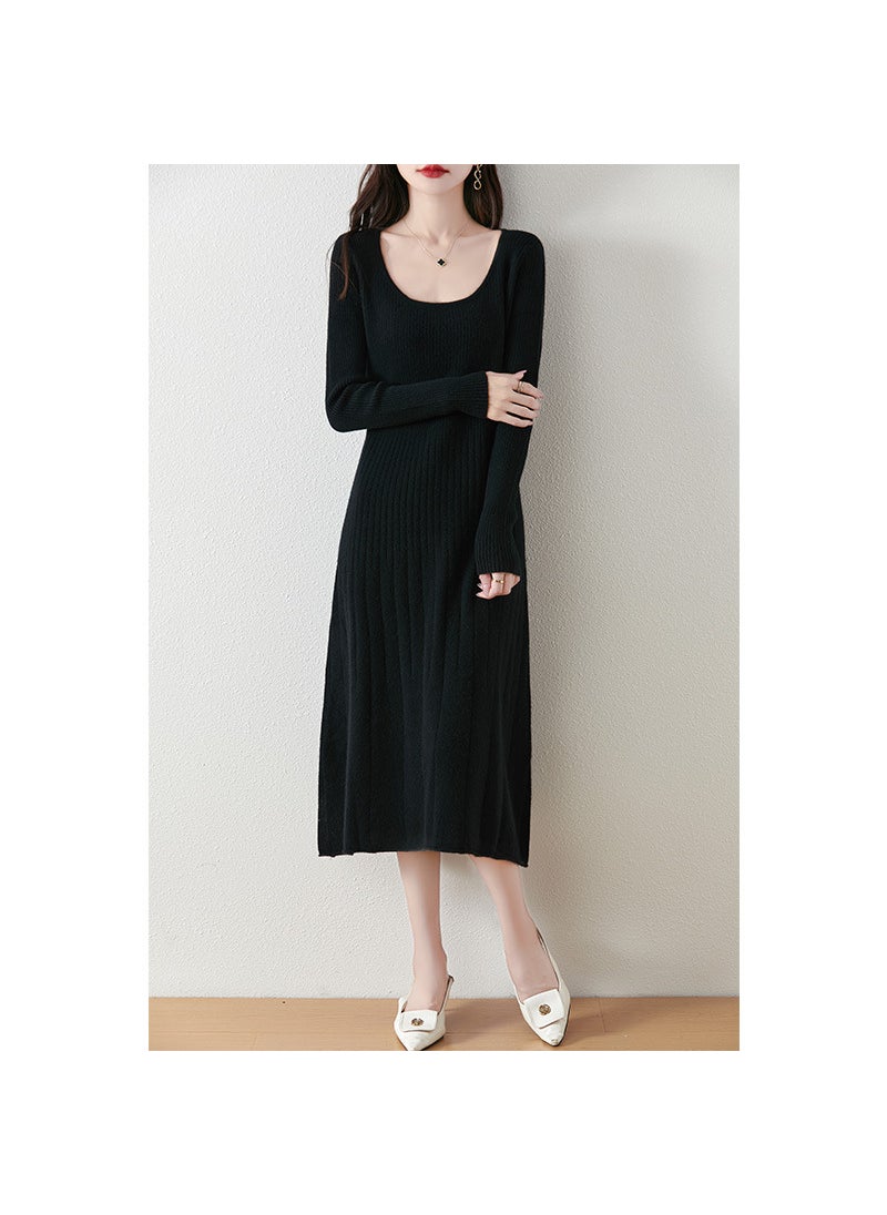 Generic Medium-Length U-Neck Wool Dress Womens Pullover Sweater Autumn/Winter Slimming Knit Base Layer Top Pure Wool Shirt Skirt Black  - Image 1