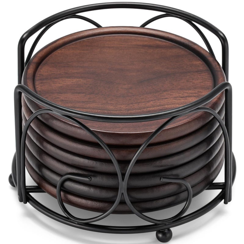 Wood Coasters with Metal Holder GOH DODD Set of 6 Walnut Wooden Coaster Set for Drinks Desk Coffee Table Home Kitchen Office Bar Tabletop Protection Living Room Decor Fathers Day Gifts 4 Inch