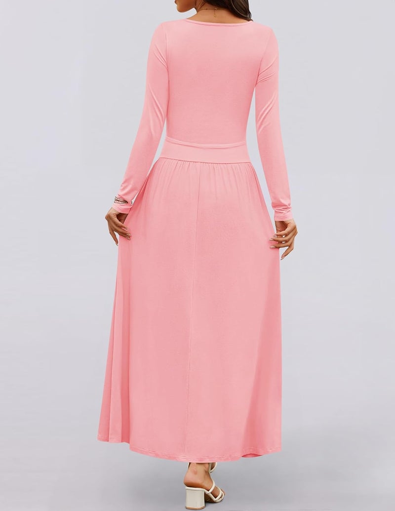 Women's Long Sleeve Maxi Dress with Pockets - Pink - Image 4