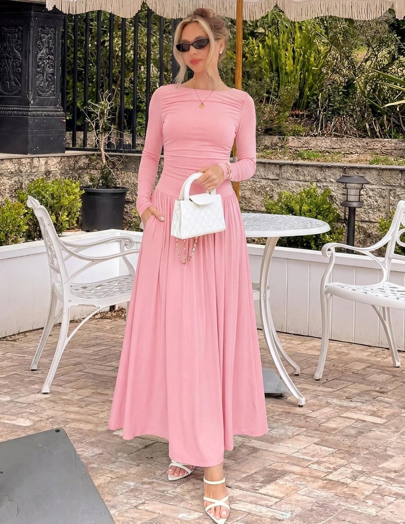 Women's Long Sleeve Maxi Dress with Pockets - Pink - Image 2