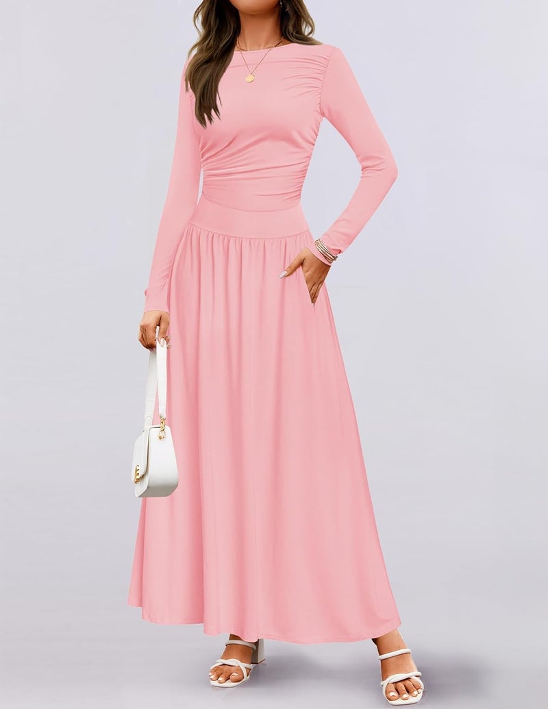 Women's Long Sleeve Maxi Dress with Pockets - Pink - Image 3