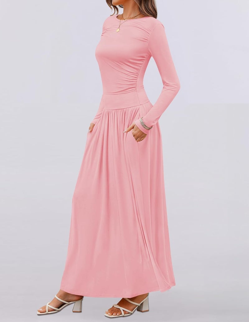Women's Long Sleeve Maxi Dress with Pockets - Pink - Image 5