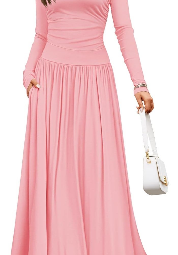 Women's Long Sleeve Maxi Dress with Pockets - Pink - Image 1