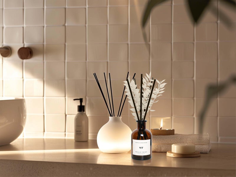 WEALD TRIBE Reed Diffuser Set for Bathroom Air Fresheners, Oil Diffuser Sticks | White Tea Scent 4.0 fl oz Home Fragrance with Sticks Defusers | House Bedroom Office Shelf Decor - Image 4
