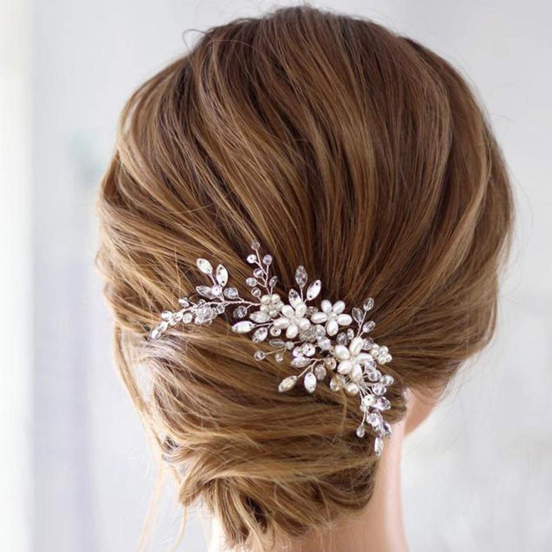 Unicra Bride Flower Wedding Hair Comb Crystal Bridal Silver Side Comb Pearl Hair Accessorie for Women and Girls ASilver