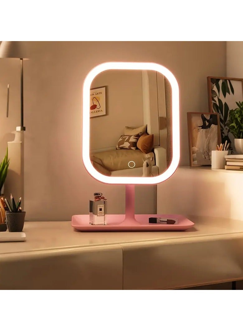 HIAS Luminous LED Makeup Mirror with Touch Sensor – Rechargeable Dimmable Light Vanity Mirror for Dressing Table, Skincare & Beauty Routine | Portable Desktop Mirror with Adjustable Brightness (Pink) - Image 1