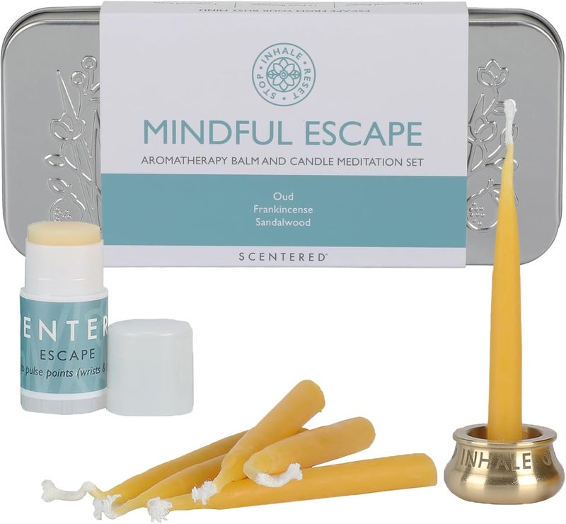 Scentered Yoga Meditation Kit - Aromatherapy Balm & Natural Beeswax Candles Set for Mindfulness - 12 x Pure Beeswax Candles with Brass Holder & Essential Oil Blend Balm - Yoga Accessories for Women