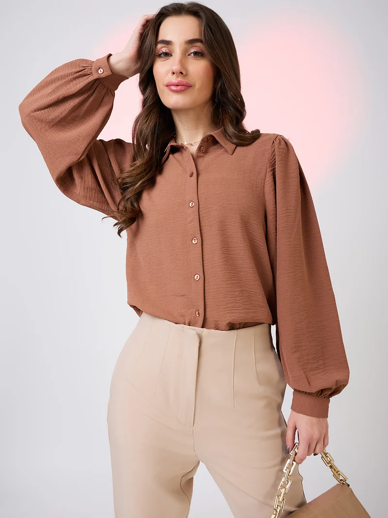globus Women Collared Neck Cuffed Sleeves Shirt Style Work Wear Top