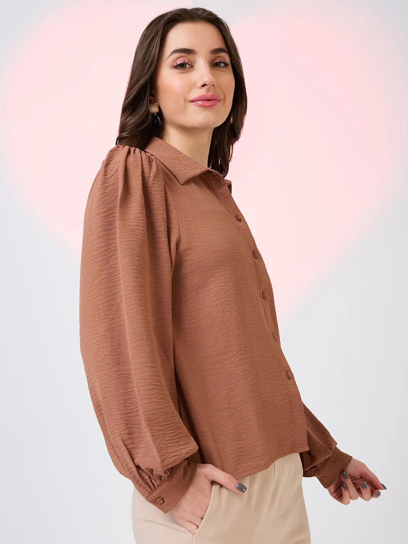globus Women Collared Neck Cuffed Sleeves Shirt Style Work Wear Top