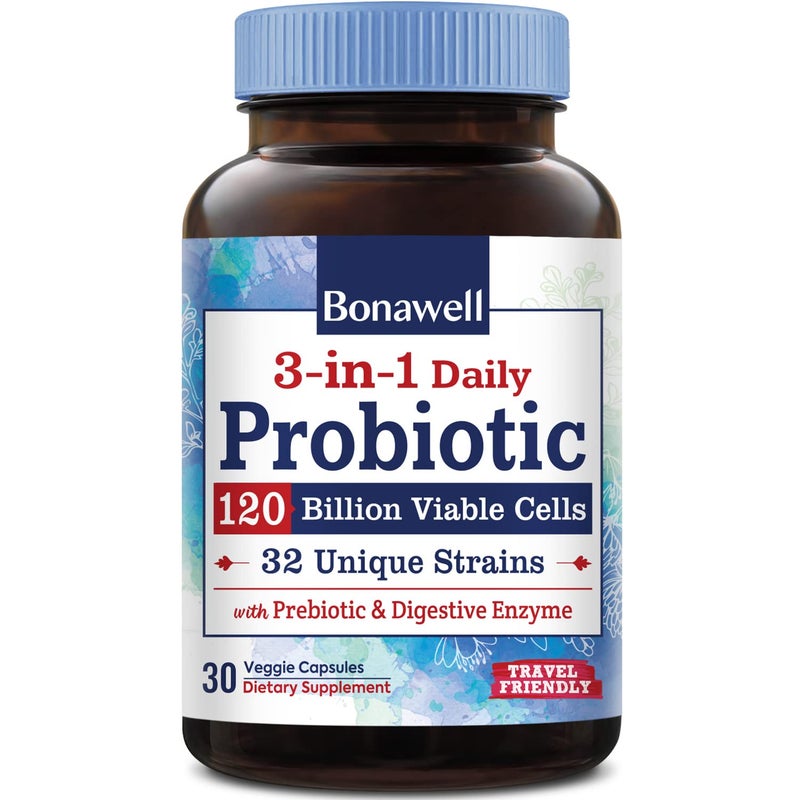Bonawell Probiotics 120 Billion CFU 32 Strains with Prebiotics Digestive Enzymes for Gut Health 3in1 Daily Probiotic ShelfStable DelayedRelease 30 Veggie Caps