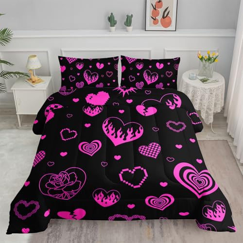 Smell Sunshine Heart Comforter Set Pink Rose Printed Bedding Set with 1 Comforter and 2 Pillowcases for Boys and Girls Bedroom All SeasonLove Twin - Image 1