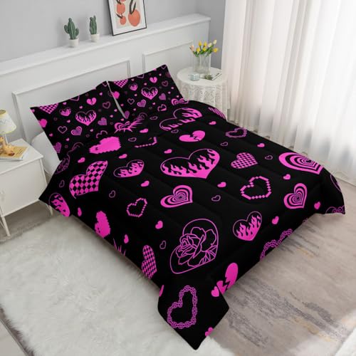 Smell Sunshine Heart Comforter Set Pink Rose Printed Bedding Set with 1 Comforter and 2 Pillowcases for Boys and Girls Bedroom All SeasonLove Twin - Image 3
