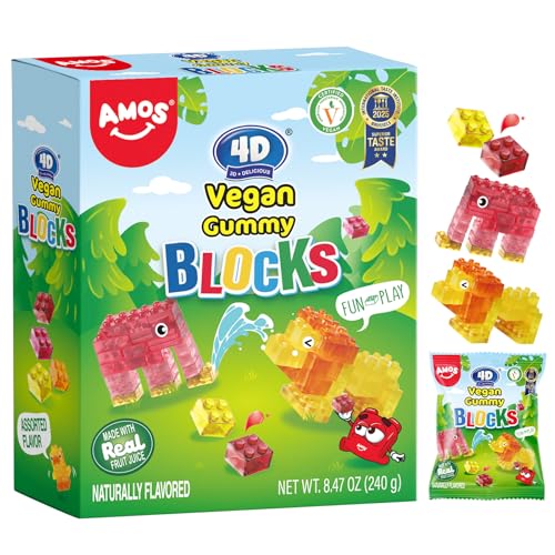 AMOS 4D Vegan Gummy Blocks Candy  Assorted Fruit Flavors Made with Real Juice FuntoBuild Edible Blocks FatFree 847 oz Pack of 1 - Image 1