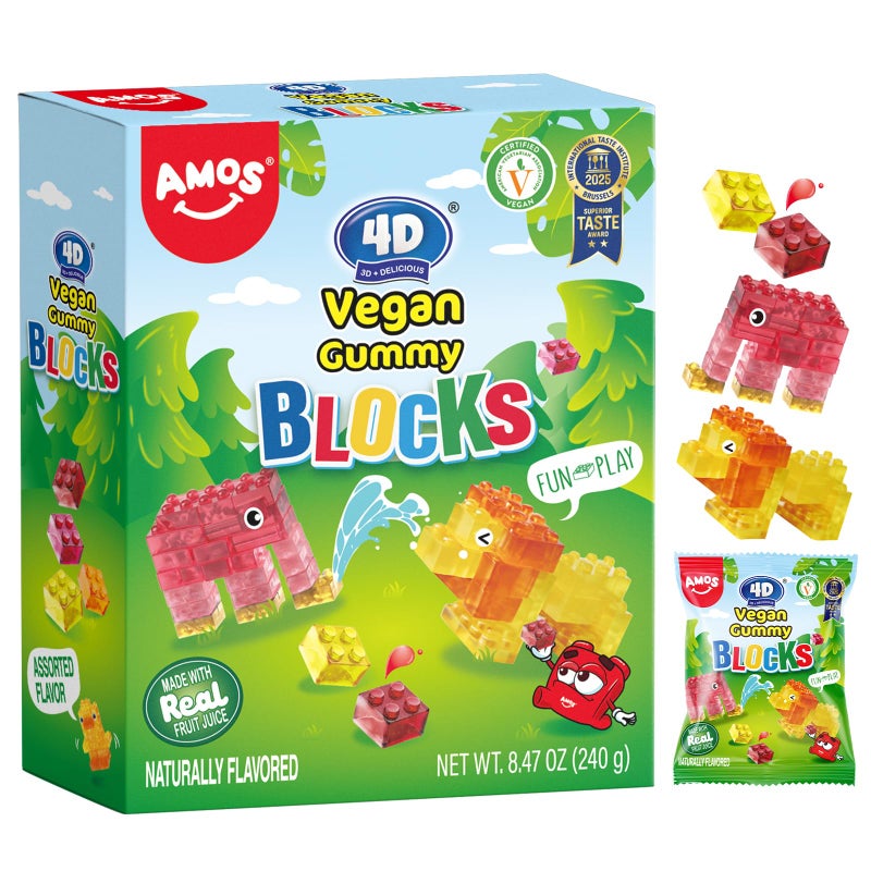 AMOS 4D Vegan Gummy Blocks Candy  Assorted Fruit Flavors Made with Real Juice FuntoBuild Edible Blocks FatFree 847 oz Pack of 1 - Image 3