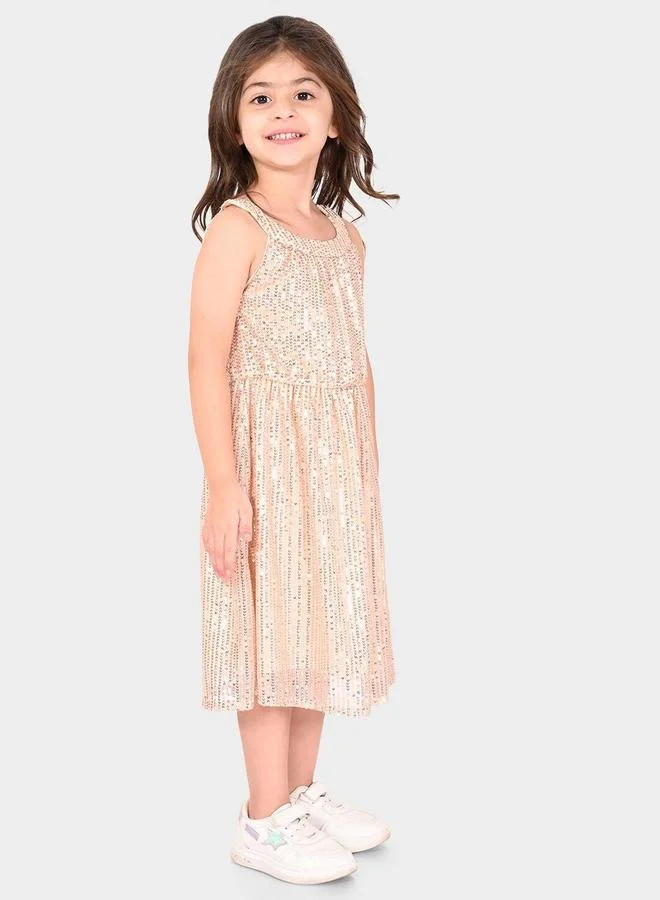 Bonkids Regular Fit Printed Champagne Cotton Dresses For Girls Round Neck Flat Collar Pull On 100 % Cotton