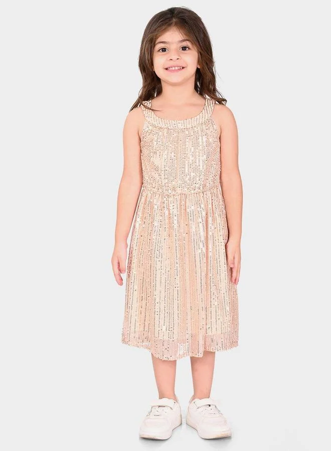 بونكيدز Regular Fit Printed Champagne Cotton Dresses For Girls Round Neck Flat Collar Pull On 100 % Cotton