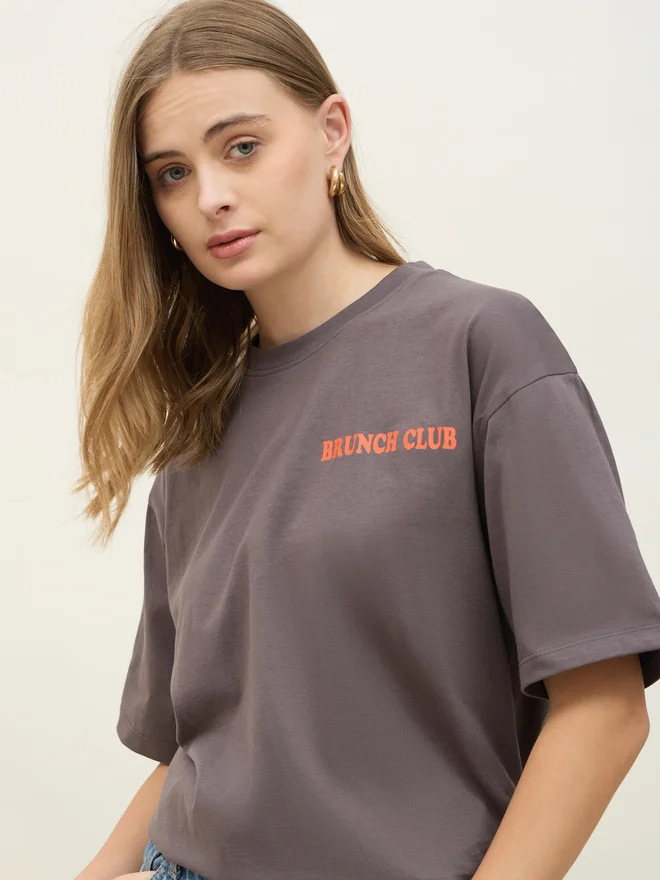 Styli Styli Brunch Club Graphic Short Sleeve Oversized T-Shirt