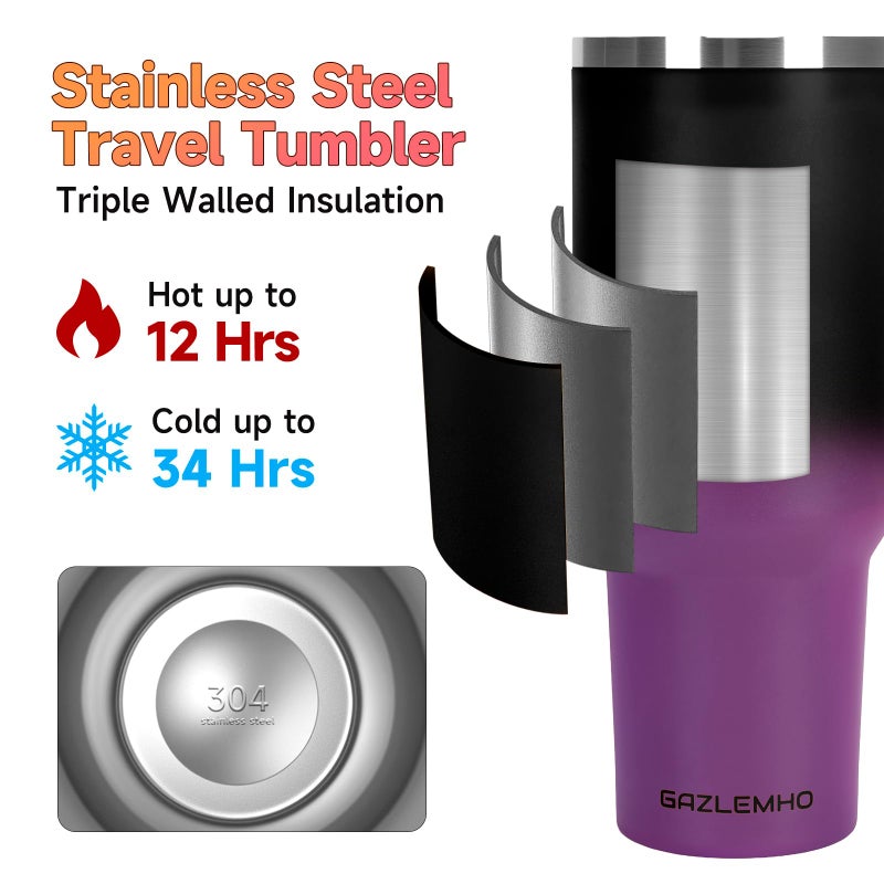 GAZLEMHO 40oz Tumbler with Handle and Straw Spout 2-in-1 Lid, Spill Leak Proof Insulated Travel Cup Traveler Water Mug Keep Cold Hot, Dishwasher Safe Stainless Steel Bottle Gifts for Women Men, Black Purple - Image 3