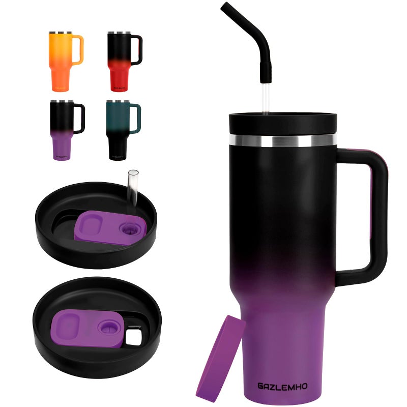 GAZLEMHO 40oz Tumbler with Handle and Straw Spout 2-in-1 Lid, Spill Leak Proof Insulated Travel Cup Traveler Water Mug Keep Cold Hot, Dishwasher Safe Stainless Steel Bottle Gifts for Women Men, Black Purple - Image 1