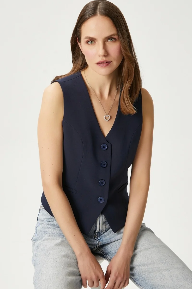 Ritnice Women's Style Navy Blue Lined Woven Vest