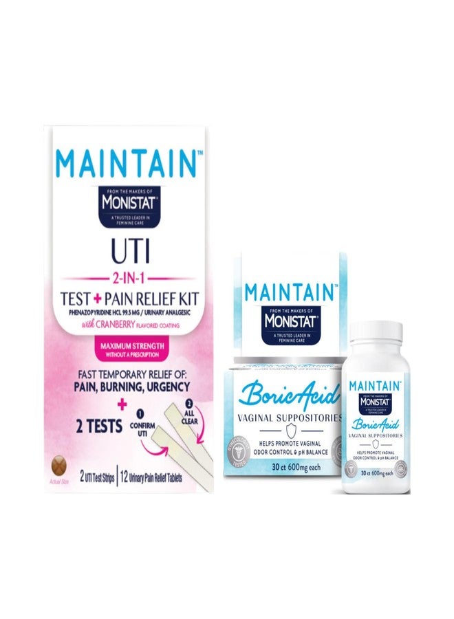 Monistat Feminine Care Variety Pack, UTI Test and Pain Relief Kit, Boric Acid Suppositories and Moisturizer, Feminine Health Support, 2 Test Strips, 12 Tablets and 30 Count (Variety Pack - Image 1