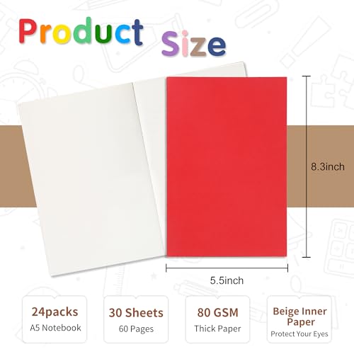 miikoul 24 Pack A5 Blank Journal Notebooks in Bulk, Colorful Soft Cover Unlined Paper for Kids Student Traveler Drawing Writing Take Notes and Plan, 8.3x5.5 Inches, 80 GSM, 60 Pages/30 Sheets - Image 2