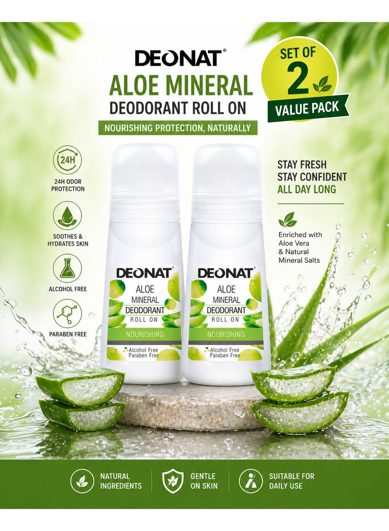 DEONAT Aloe Mineral Deodorant Roll On Nourishing with Aloe Vera Extract Hydrating Soothing Underarm Care Odor Protection Natural Mineral Deodorant Anti Bacterial Long Lasting Freshness Gentle Skin Care for Men and Women Daily Use Sensitive Skin 65 ml Pack of 2 - Image 1