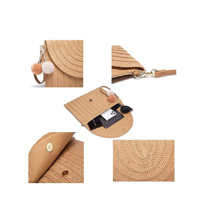 Zikra Straw Shoulder Bag Straw Clutch Women Hand-woven PomPom Straw Crossbody Bag Summer Beach Envelope Purse Wallet - Image 5