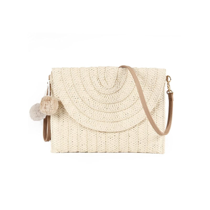 Zikra Straw Shoulder Bag Straw Clutch Women Hand-woven PomPom Straw Crossbody Bag Summer Beach Envelope Purse Wallet - Image 1