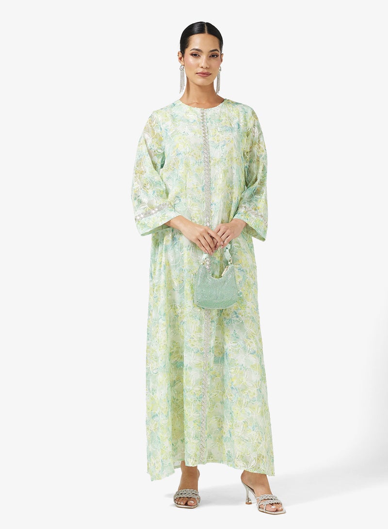 Khizana Printed Jalabiya Embroidered Neck - Image 1