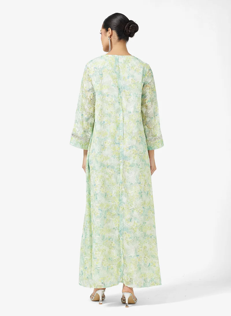 Khizana Printed Jalabiya Embroidered Neck