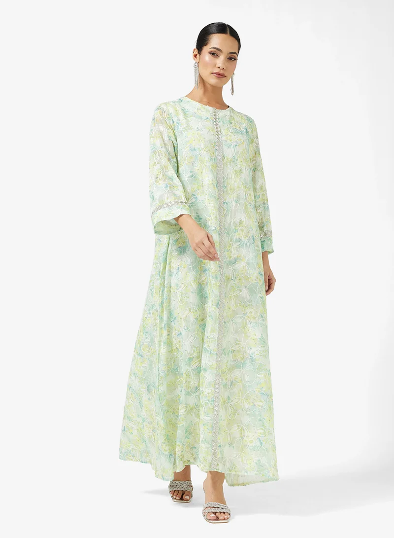 خزانة Printed Jalabiya Embroidered Neck