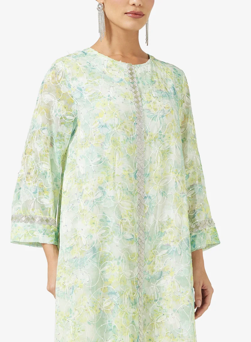 خزانة Printed Jalabiya Embroidered Neck