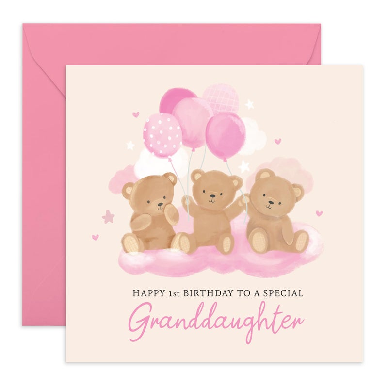 CENTRAL 23 1st Birthday Card for Girls - 'Teddy Granddaughter 1st Birthday' - Presents for Baby Girl, Toddler from Granddad, Grandma, Grandparents - Bears and Balloons - Comes with Fun Stickers - Image 1