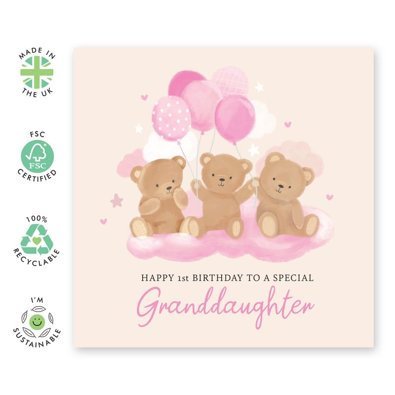 CENTRAL 23 1st Birthday Card for Girls - 'Teddy Granddaughter 1st Birthday' - Presents for Baby Girl, Toddler from Granddad, Grandma, Grandparents - Bears and Balloons - Comes with Fun Stickers - Image 2