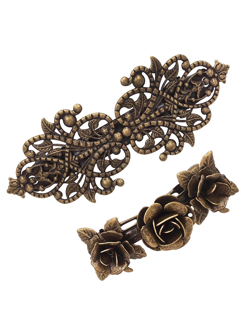 Lizzie Kay 2PCS Retro Vintage Metal French Barrette Clip Hair Clasp Roses Bronze Accessories 