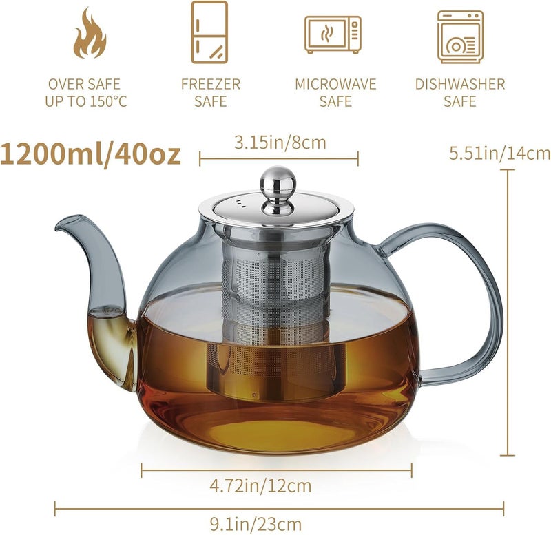 DOPUDO 40OZ (1200ML) Glass Teapot with Infuser Stovetop Safe, Clear Glass Tea Pot Kettle, Borosilicate Tea Pot with Infusers Filter for Loose Tea, Tea Kettle Dishwasher Safe (Black) - Image 2