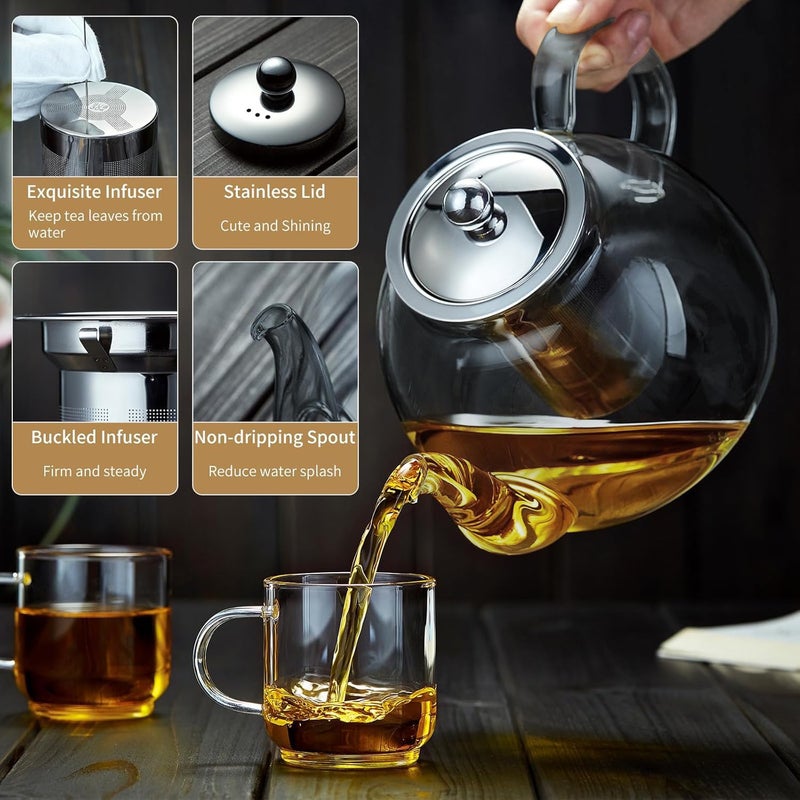 DOPUDO 40OZ (1200ML) Glass Teapot with Infuser Stovetop Safe, Clear Glass Tea Pot Kettle, Borosilicate Tea Pot with Infusers Filter for Loose Tea, Tea Kettle Dishwasher Safe (Black) - Image 3