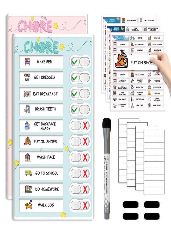 Boxveria Dry Erase Kids Chore Chart for 2 Kids Pink and Blue - Magnetic Routine Chart with Slider Cute Design Stickers, Morning Bedtime Routine Chart for Toddlers Visual Schedule for Kid - Image 1