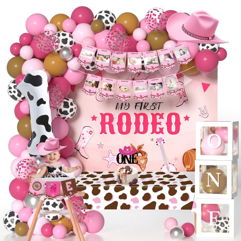 Janinus Western Cowgirl 1st Birthday Decorations with Cowgirl Balloon Arch Number 1 Balloon Banner Cake Toppers Backdrop Highchair Box Tablecloth My First Rodeo for Girls 1 Year Old Girl Party Supplies - Image 2