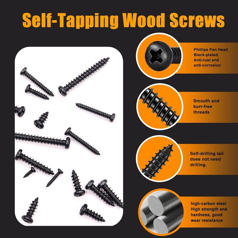 weideer 1095pcs Self Tapping Screws for Metal, #8#10 M2 M3 M4 410 Stainless Steel Screws Assortment Kit Black Oxide Truss Head and Phillips Pan Head Metal Screw - Image 5