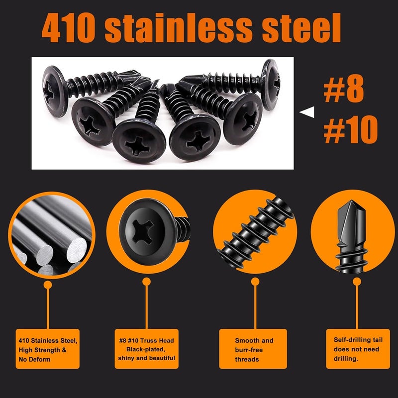 weideer 1095pcs Self Tapping Screws for Metal, #8#10 M2 M3 M4 410 Stainless Steel Screws Assortment Kit Black Oxide Truss Head and Phillips Pan Head Metal Screw - Image 4